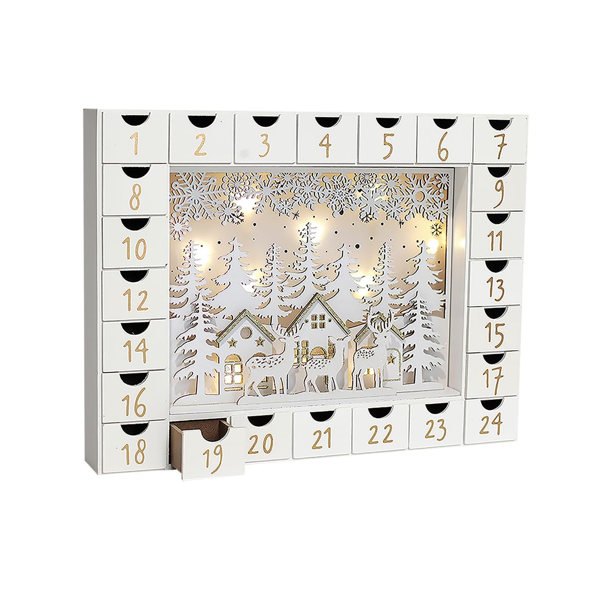 PIONEER-EFFORT Christmas Wooden Advent Calendar with 24 Drawers to Fill Small Gifts Christmas Scene with LED Lights Countdown to