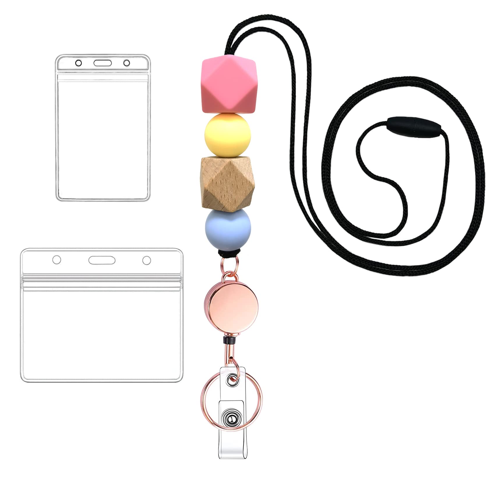 Retractable Badge Reel With Lanyard, Silicone Beaded Lanyards For Id Name Card, Cute Badge Reel With 2 Badge Holders, Necklace B