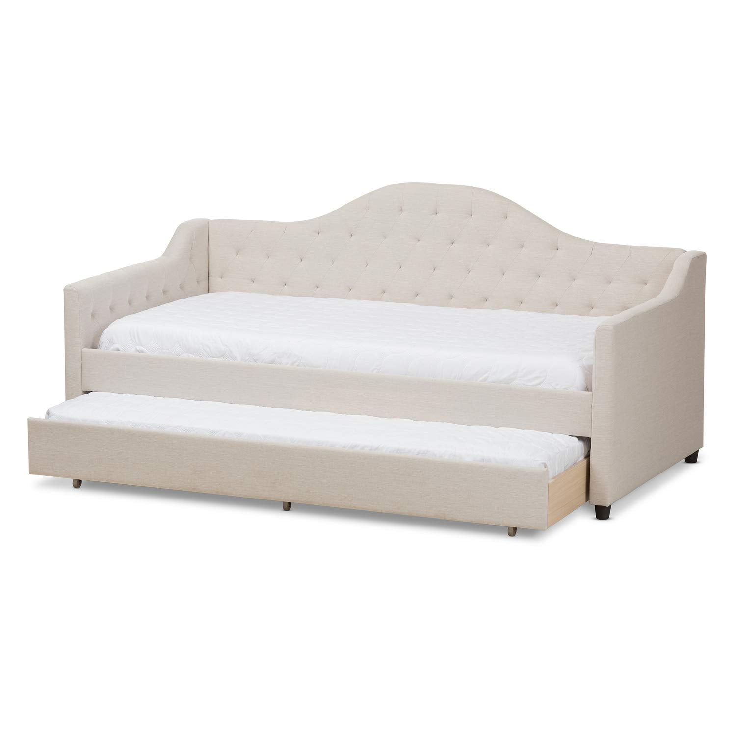Baxton Studio Perry Modern and Contemporary Light Beige Fabric Daybed with Trundle Beige/Twin//Contemporary/Fabric Polyester 100%&quot;/Rubber Wood/MDF/Foam