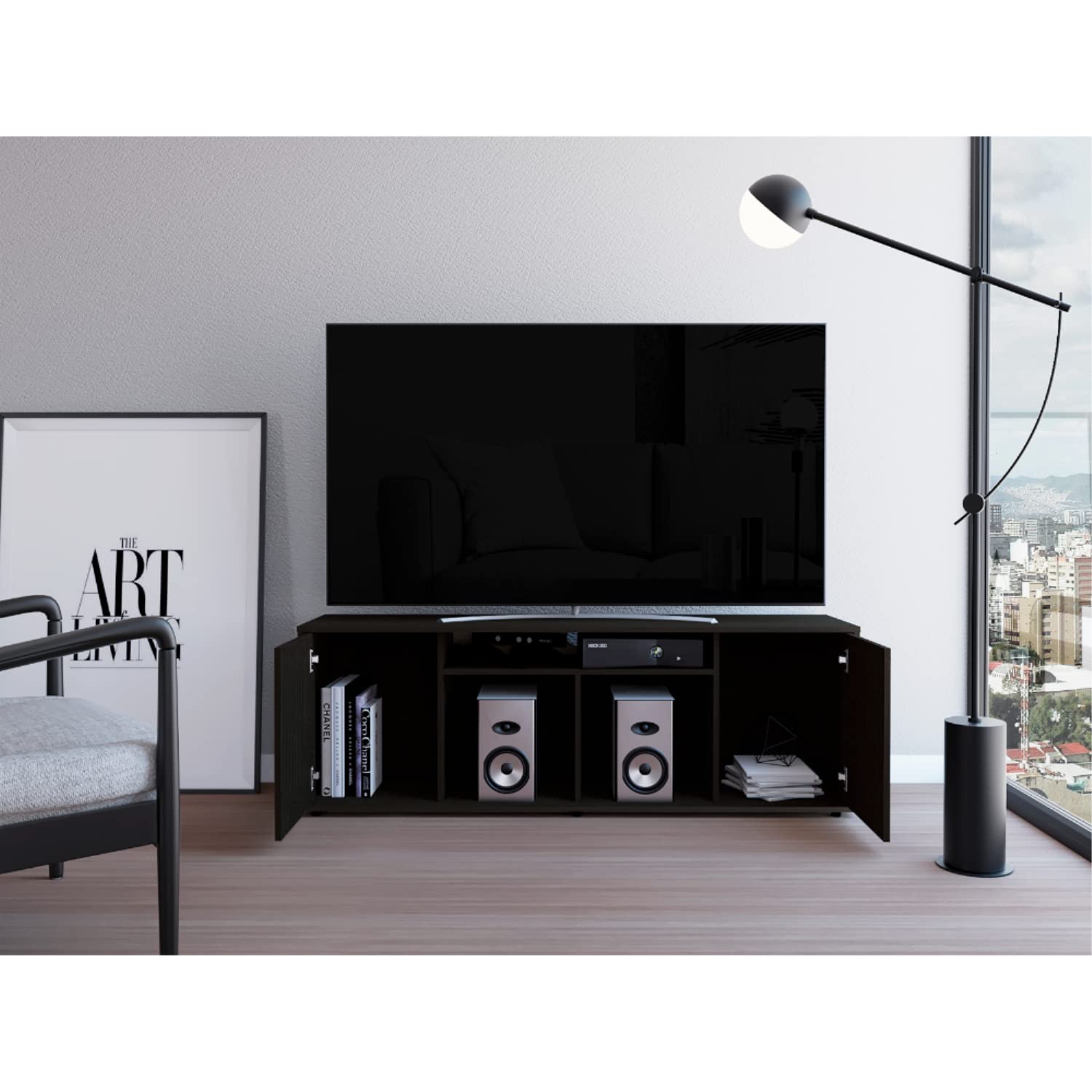 Depot E-Shop Dallas Tv Stand, Two Cabinets With One Door, Four Shelves, Countertop, Black, For Living Room