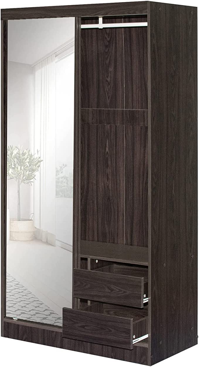 Woodpeckers Furniture And Mattress Mirror Wood Double Sliding Door Wardrobe (Tobacco)