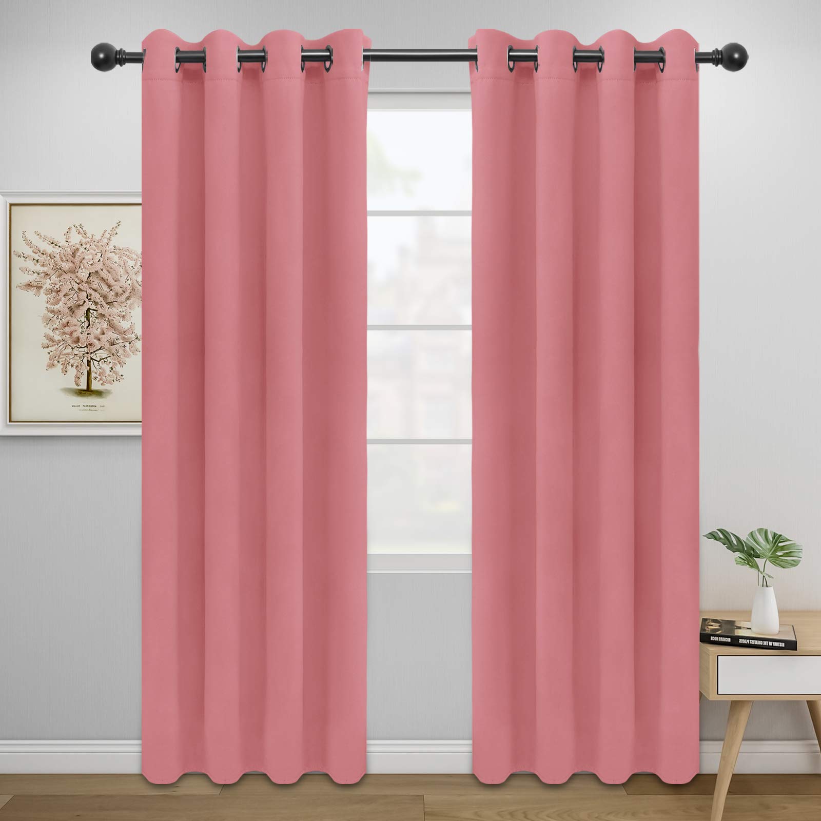 Easy-Going Blackout Curtains For Bedroom, Solid Thermal Insulated Grommet And Noise Reduction Window Drapes, Room Darkening Curtains For Living Room, 2 Panels(52X84 In,Pink)