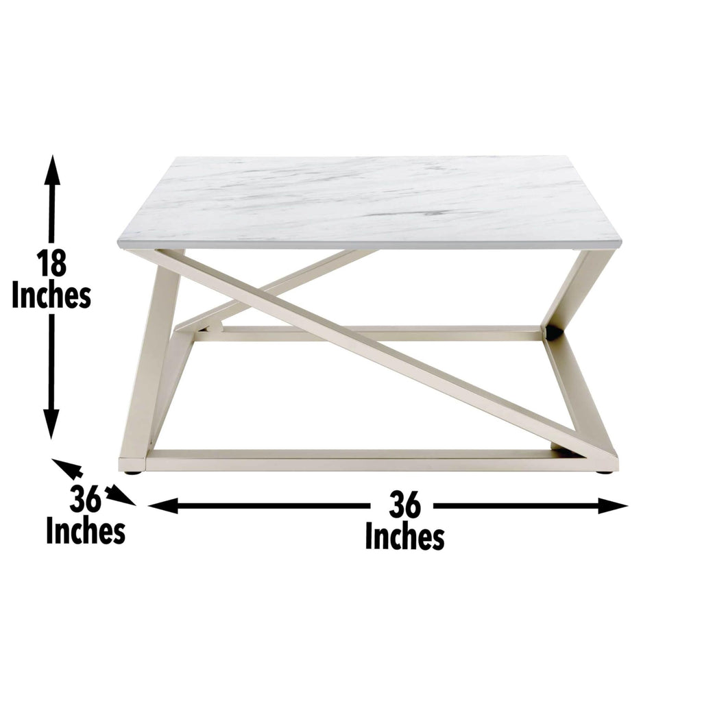 Steve Silver Co Zurich Contemporary Faux Marble Coffee Asymmetrical Matte Chrome Base Table, 36 x 36 x 18, White