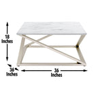Steve Silver Co Zurich Contemporary Faux Marble Coffee Asymmetrical Matte Chrome Base Table, 36 x 36 x 18, White