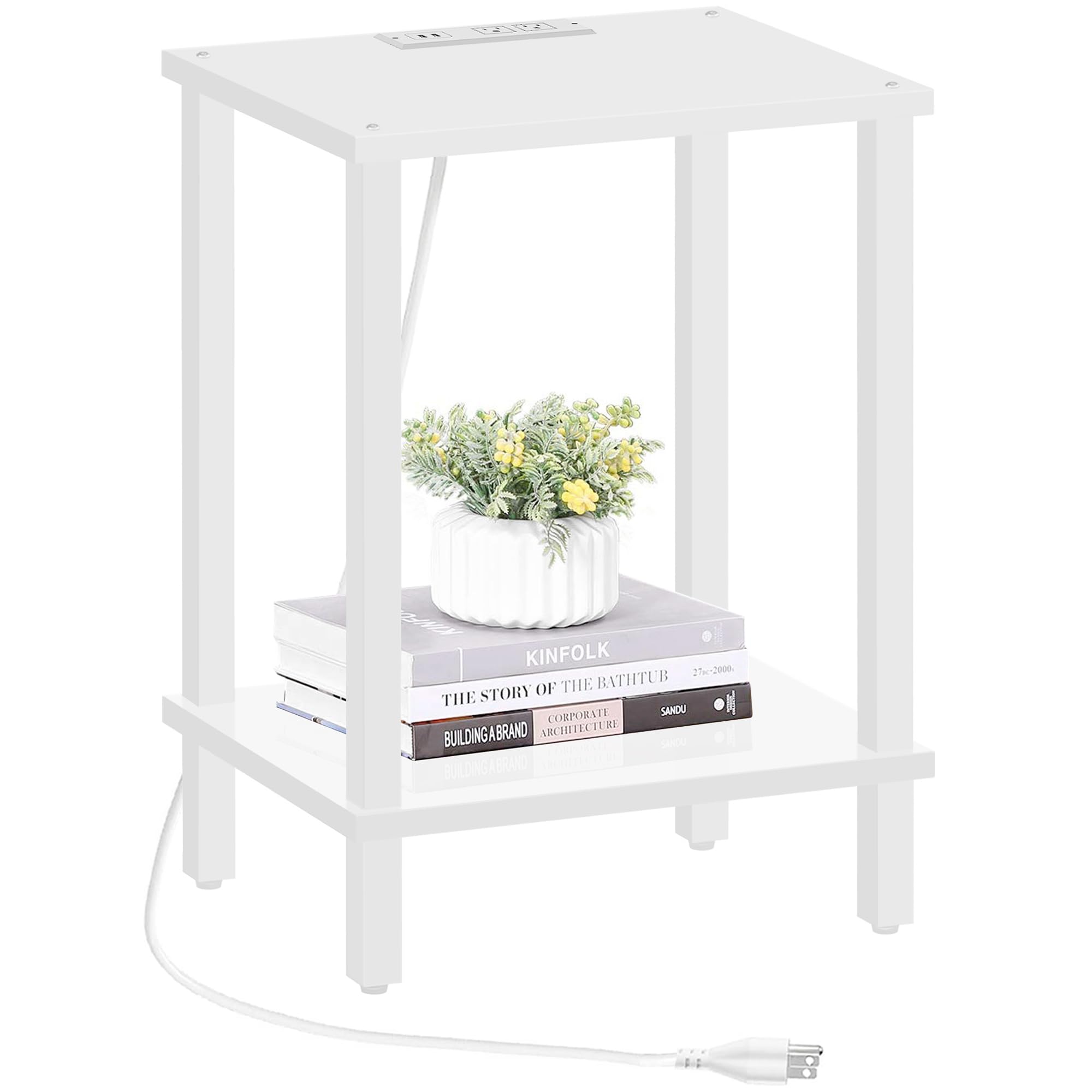 Tutotak End Table With Charging Station, Small Side Table With Outlets, Nightstand Bedside Table, 2-Tier Storage Shelf, Couch Side Table For Small Space, Living Room, Bedroom, White Tb01Bw040