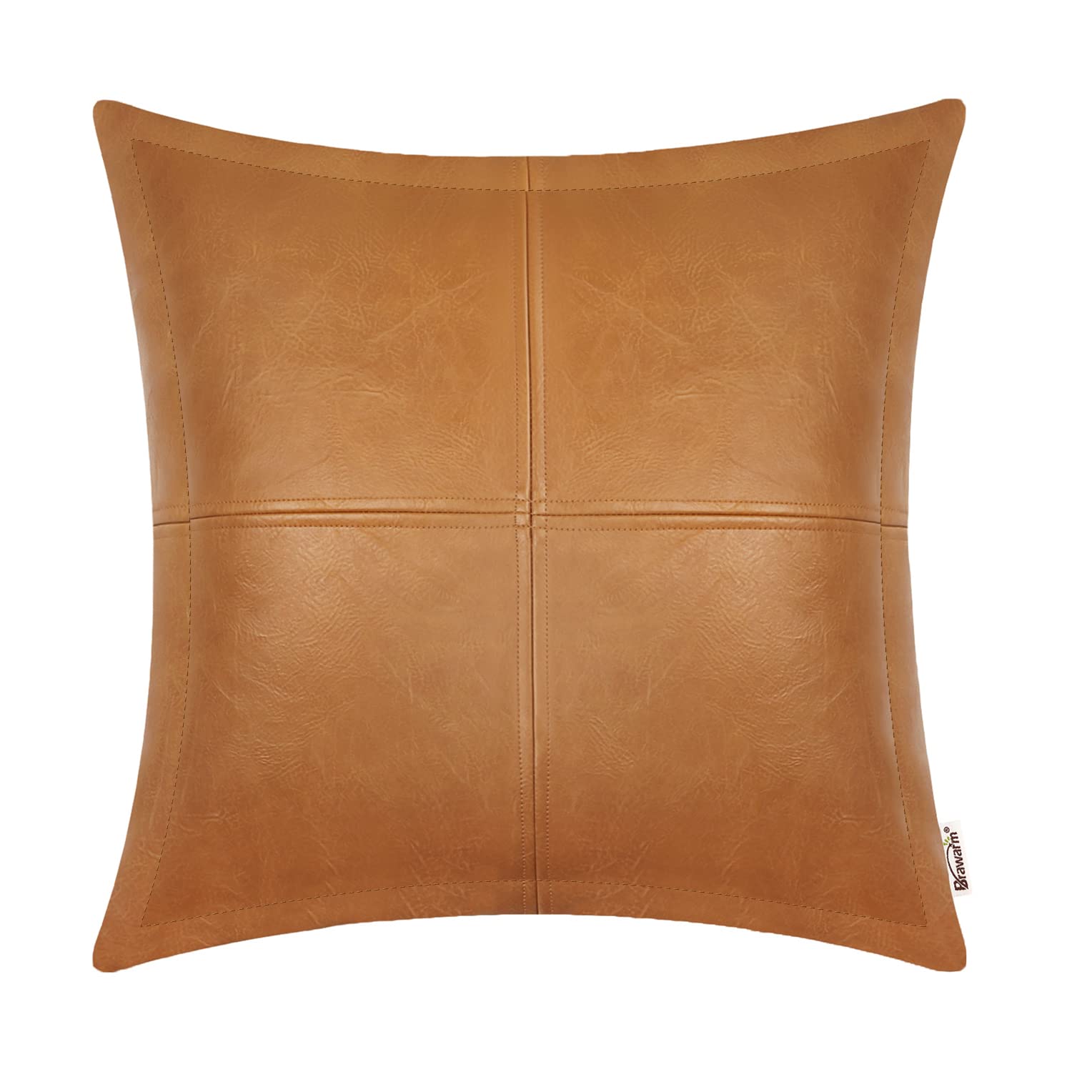 Brawarm Tan Leather Throw Pillow 16 X 16 Inches, Faux Leather Pillow Cover With Piping, Hand Stitched Leather Decorative Throw P