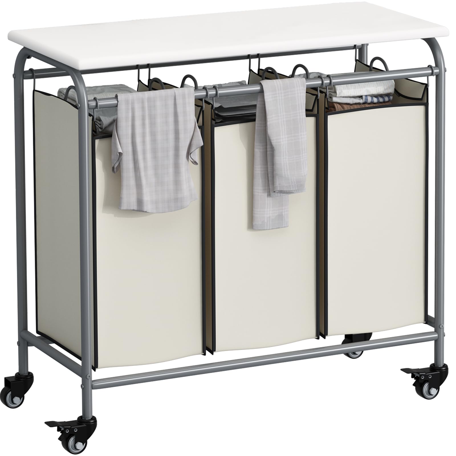 LINZINAR 3 Bag Laundry Basket Sorter Heavy Duty Rolling Lockable Wheels Laundry Hamper Cart with Ironing Board and Removable Bag