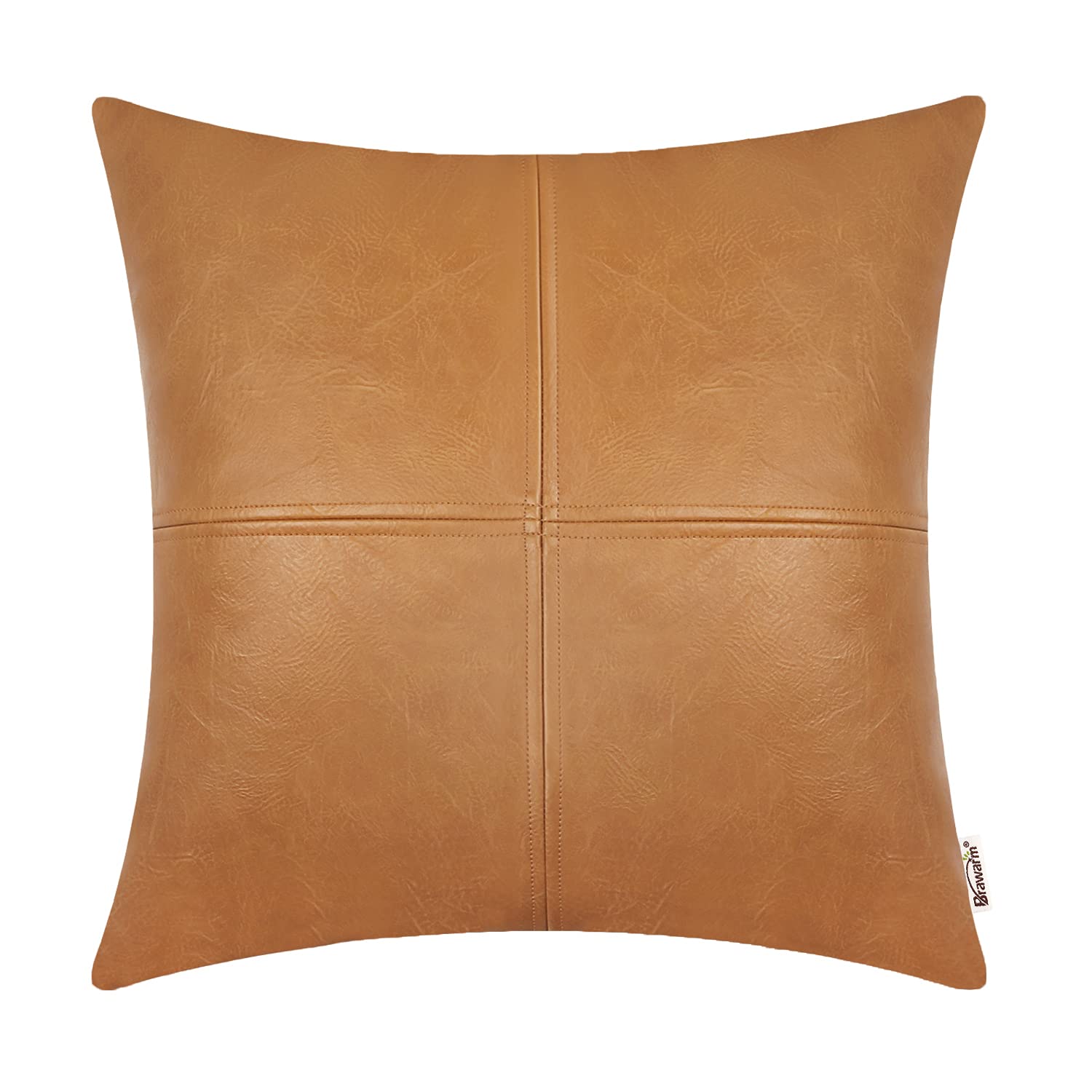 Brawarm Faux Leather Throw Pillow Covers 22 X 22 Inches, Tan Leather Pillow Cover, Hand Stitched Leather Decorative Pillow Cover