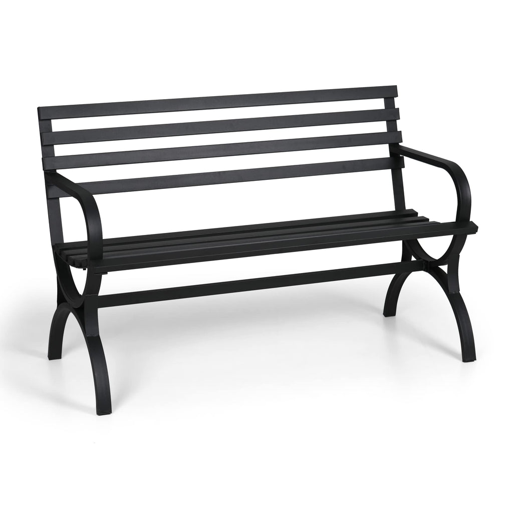 Phi Villa Outdoor Garden Bench, 48” Long Metal Steel Bench With Backrest And Armrests, Modern Slatted Design For Patio, Lawn, Yard, Porch - Black