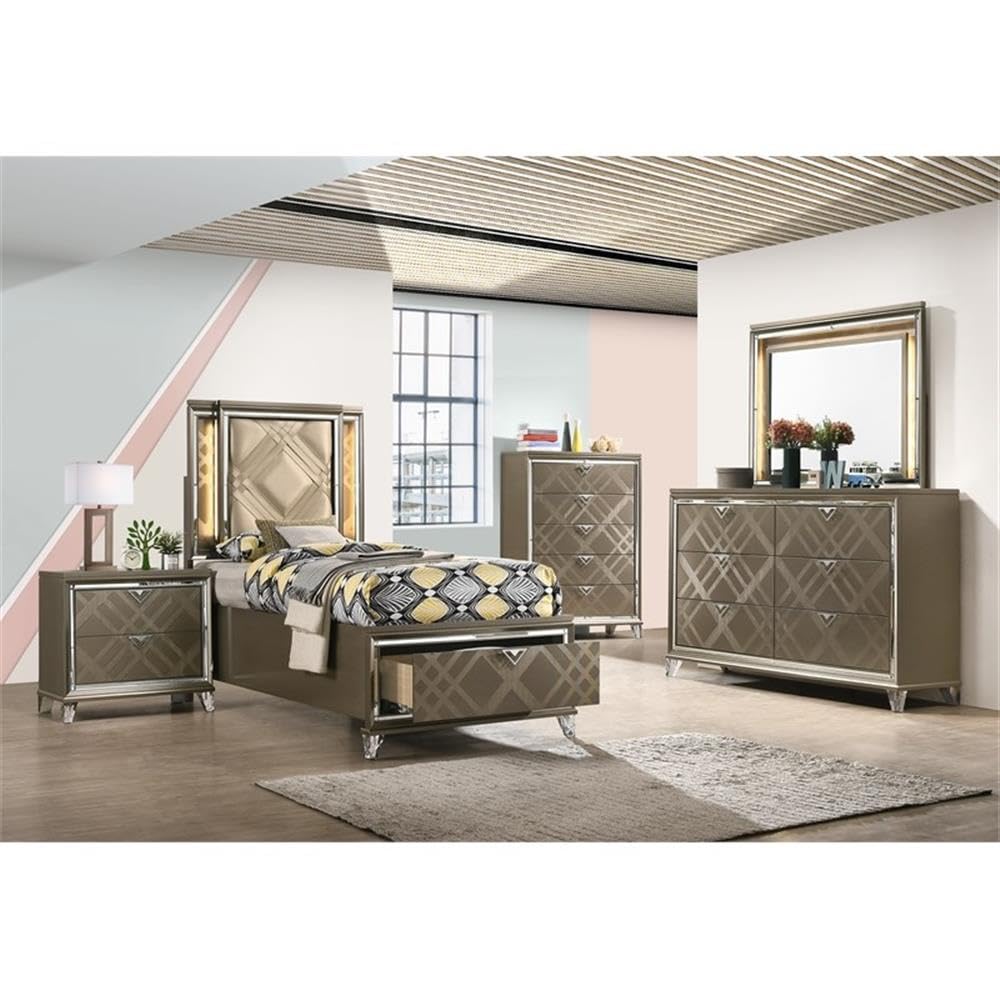Acme Skylar Faux Leather Full Storage Bed with LED in Dark Brown Champagne