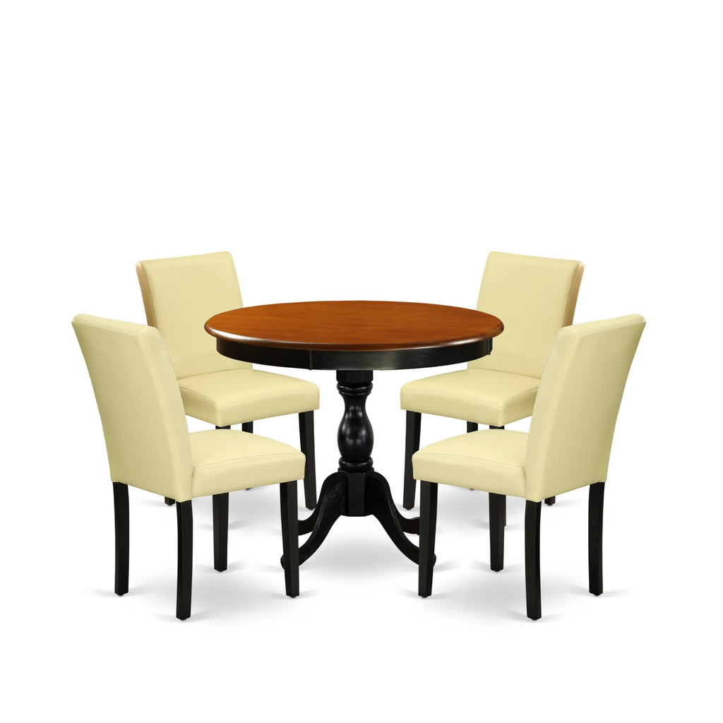 East West Furniture Amab5-Bch-73 5 Piece Kitchen Table & Chairs Set Includes A Round Dining Room Table With Pedestal And 4 Eggnog Faux Leather Parsons Dinette Chairs, 36X36 Inch, Black & Cherry
