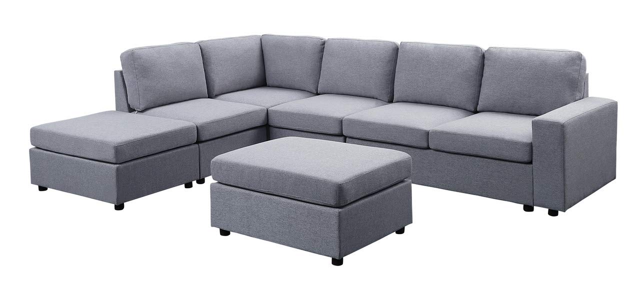 Lilola Home Marley Light Gray Linen 7 Seat Reversible Modular Sectional Sofa with Ottoman