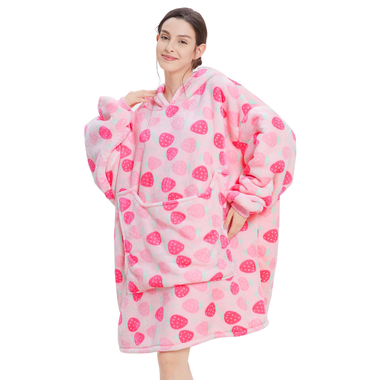 Aemilas Wearable Blanket Hoodie - Strawberry Sherpa Oversized Blankets Sweatshirt For Women Men, Warm Fuzzy Hooded Blanket With