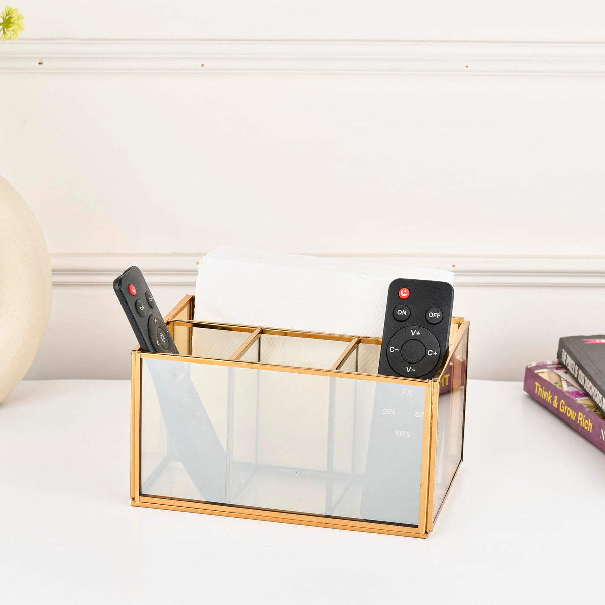 Golden Glass Multipurpose Organiser/Cutlery & Tissue Holder with Shiny Gold Plated Rim Perfect for Living Room Kitchen Office Sp