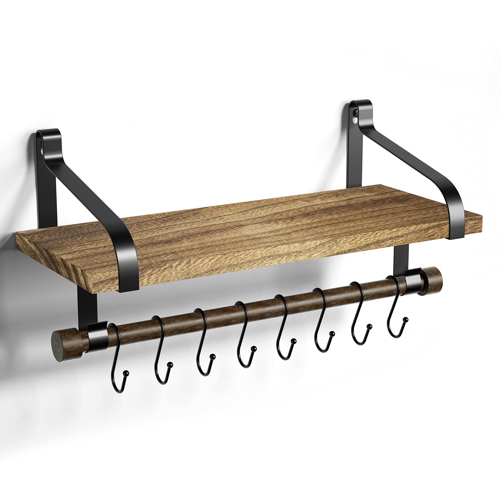 Love-KANKEI Floating Shelf Wall Shelf for Storage Rustic Wood Kitchen Spice Rack with Towel Bar and 8 Removable Hooks for Organi