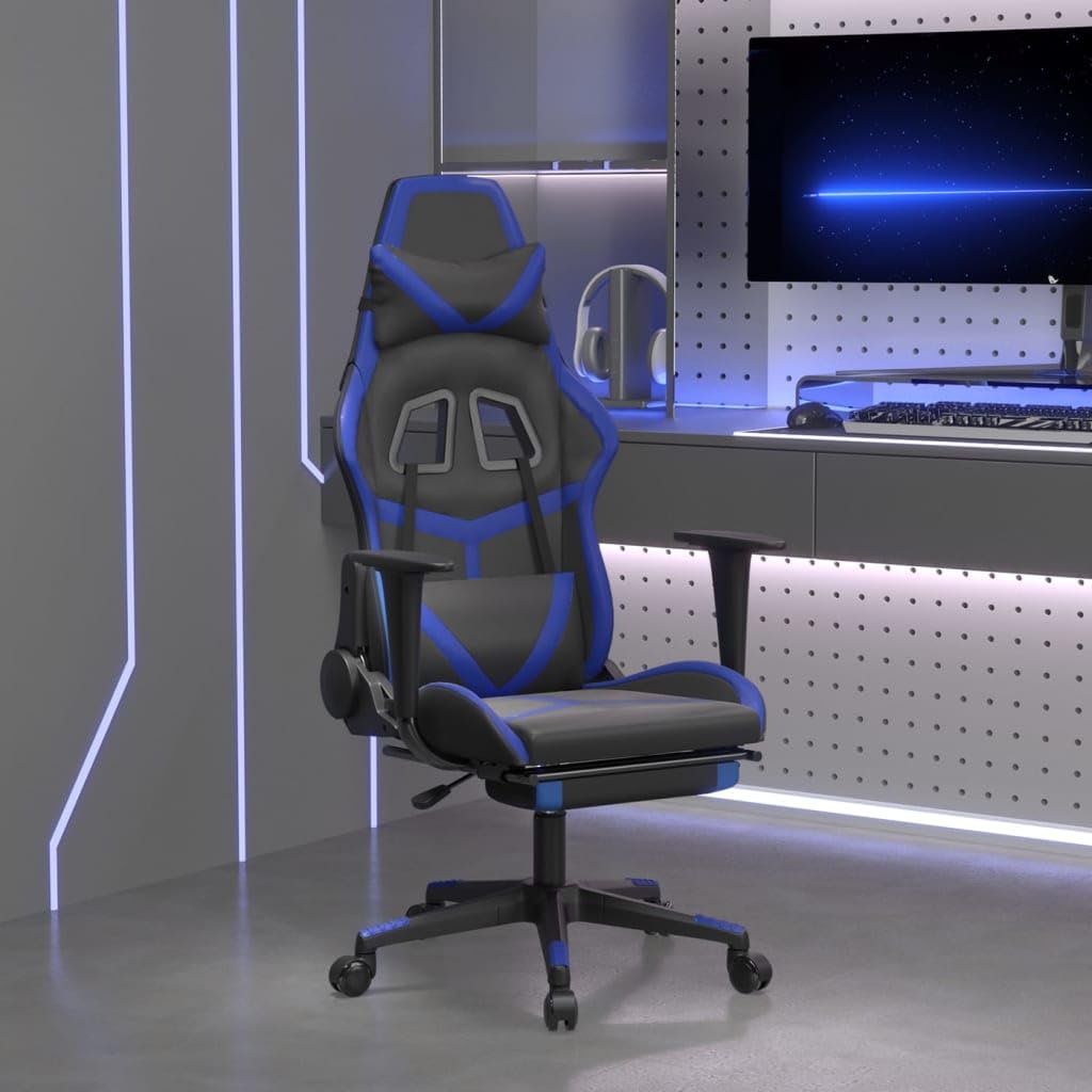 vidaXL Black and Blue Faux Leather Gaming Chair with Adjustable Footrest and Backrest - Ergonomically Designed for High Comfort and Enhanced Gaming Experience