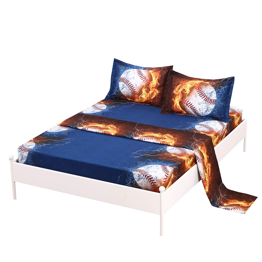 Sdiii 4Pcs Baseball Sheets Queen, Bed In A Bag Baseball Bedding Sheet Set, Soft Microfiber, Wrinkle And Fade Resistant, Sports S