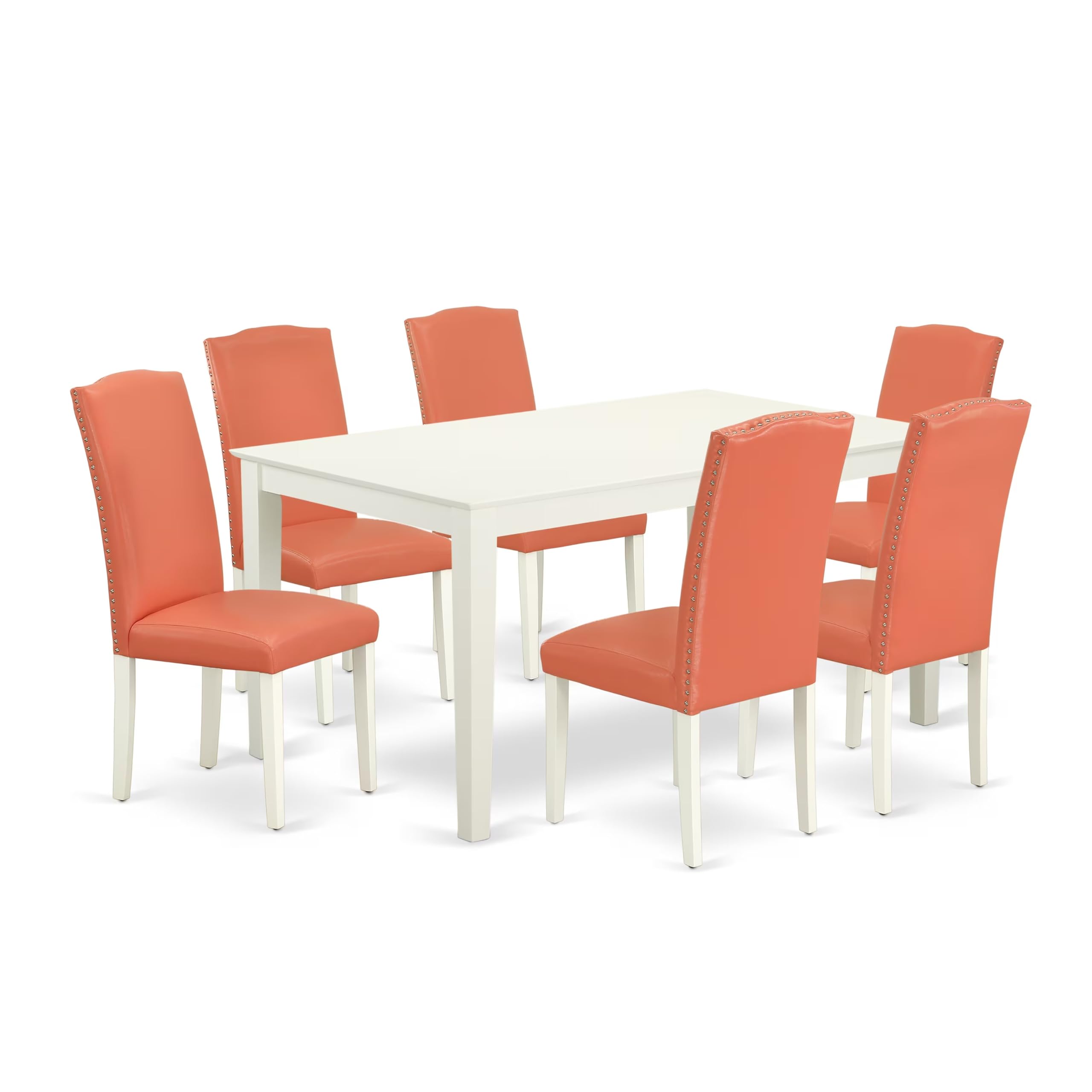 East West Furniture Caen7-Lwh-78 7 Piece Kitchen Table Set Consist Of A Rectangle Dining Table And 6 Pink Flamingo Faux Leather Parson Dining Chairs, 36X60 Inch, Linen White