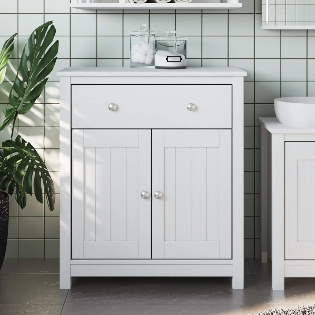 vidaXL Solid Pine Wood Bathroom Cabinet in White with Storage Drawers and Doors, Berg Range
