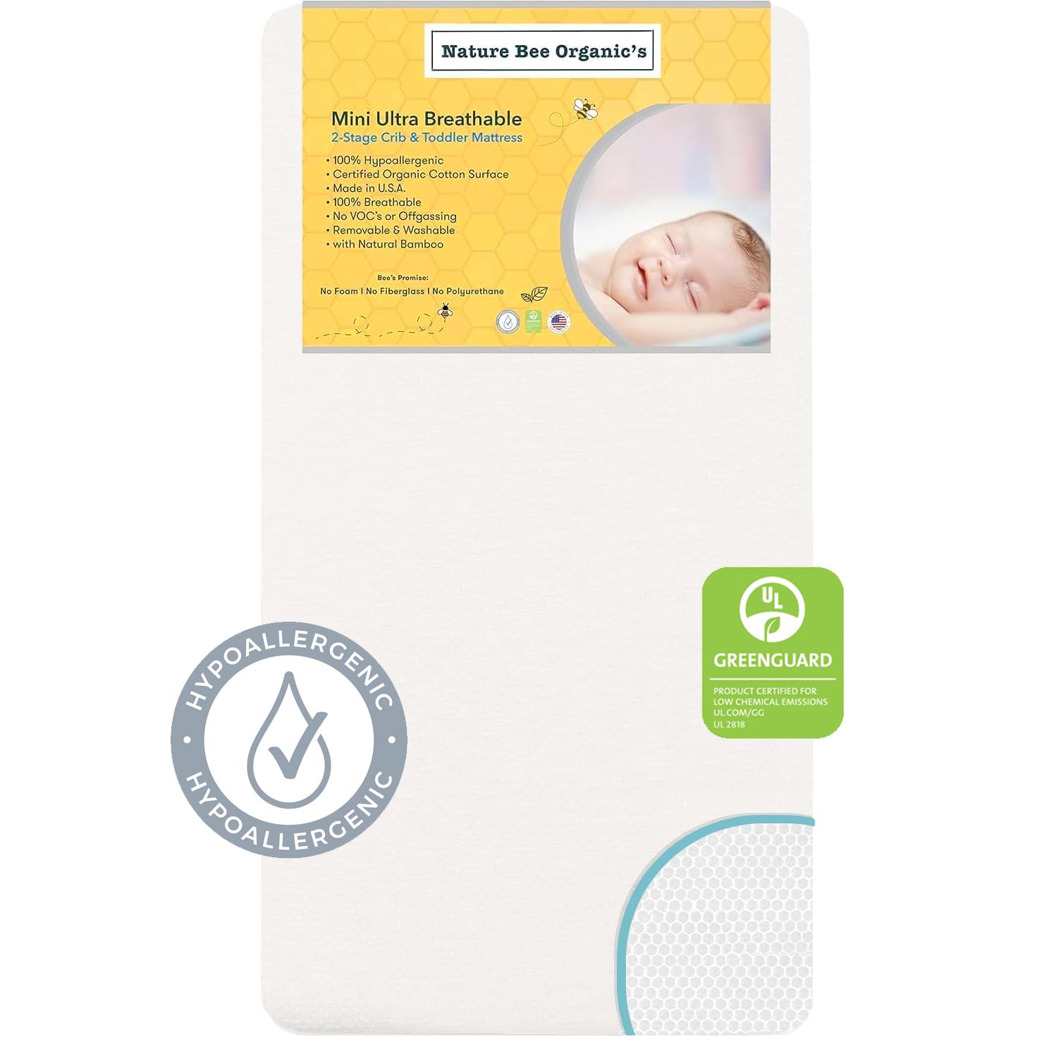 Nature Bee Organic'S Breathable 2-Stage Mini Crib & Toddler Mattress I 100% Breathable I Greenguard Gold Certified I 100% Hypoal