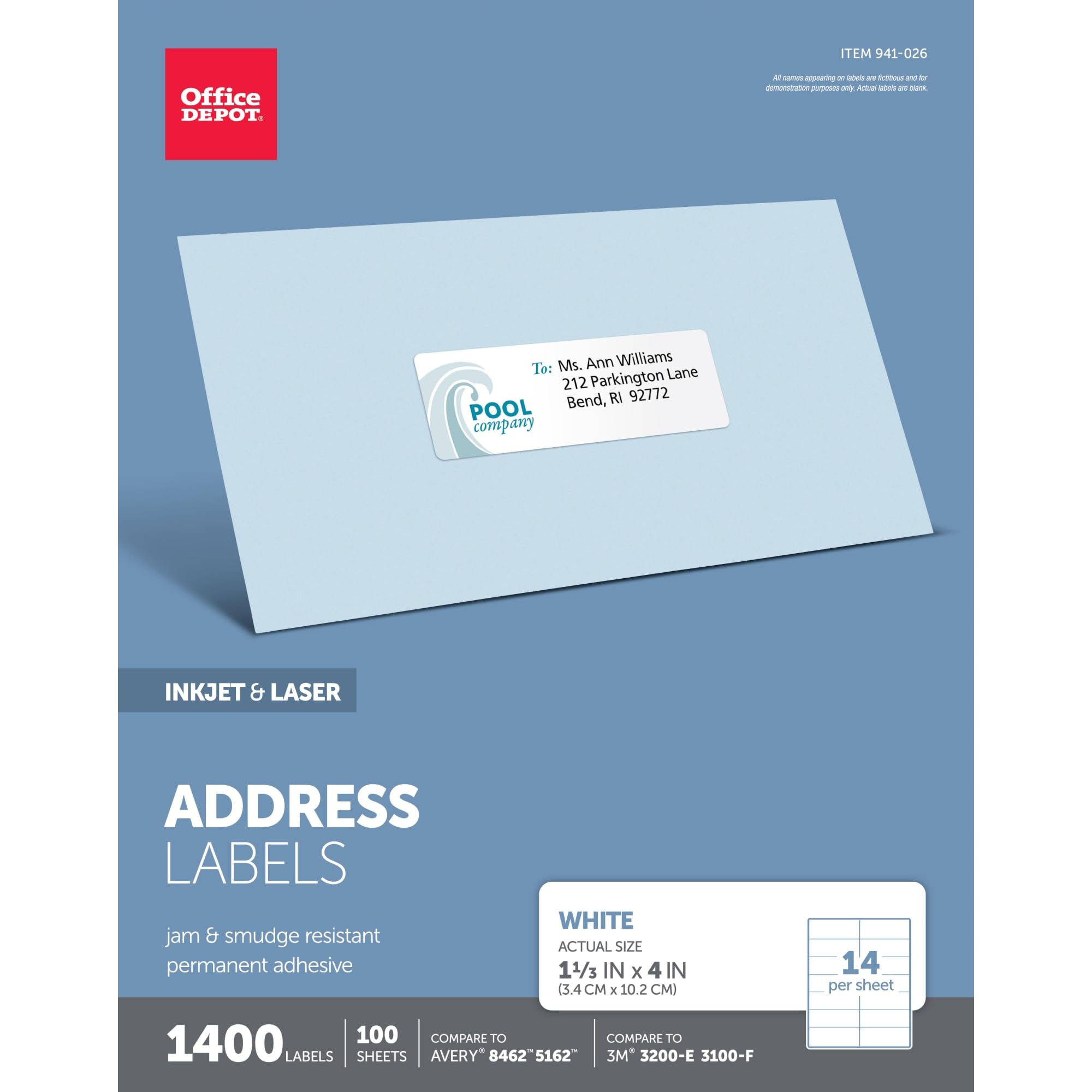 Office Depot White Inkjet/Laser Address Labels, 1 1/3In. X 4In., Pack Of 1,400, 505-O004-0019
