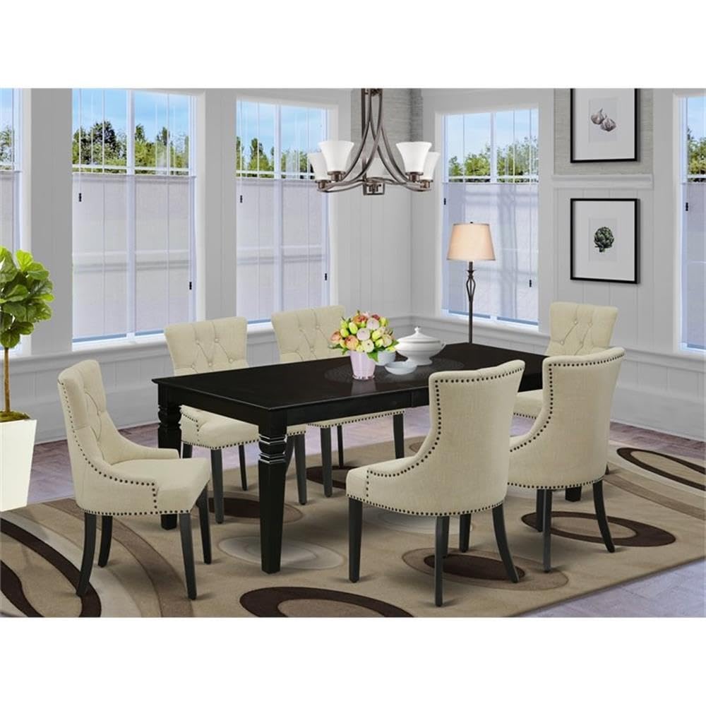 East West Furniture Lgfr7-Blk-02 7 Piece Dining Set Consist Of A Rectangle Dining Room Table With Butterfly Leaf And 6 Light Beige Linen Fabric Upholstered Chairs, 42X84 Inch, Black