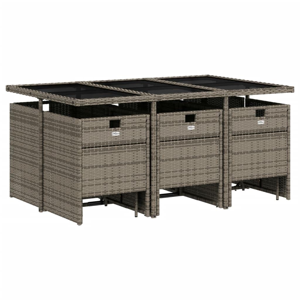 vidaXL 11 Piece Patio Dining Set with Cushions - Gray Poly Rattan Garden Table and Chairs/Stools - Compact Storage, Comfortable Seating, Easy Maintenance, Tempered Glass Tabletop