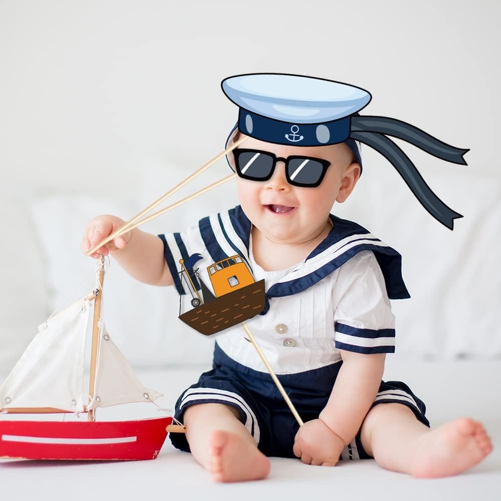 Kristin Paradise 25Pcs Nautical Photo Booth Props With Stick, Ahoy Boy Theme Selfie Props, Sailor Birthday Party Supplies, Cruis