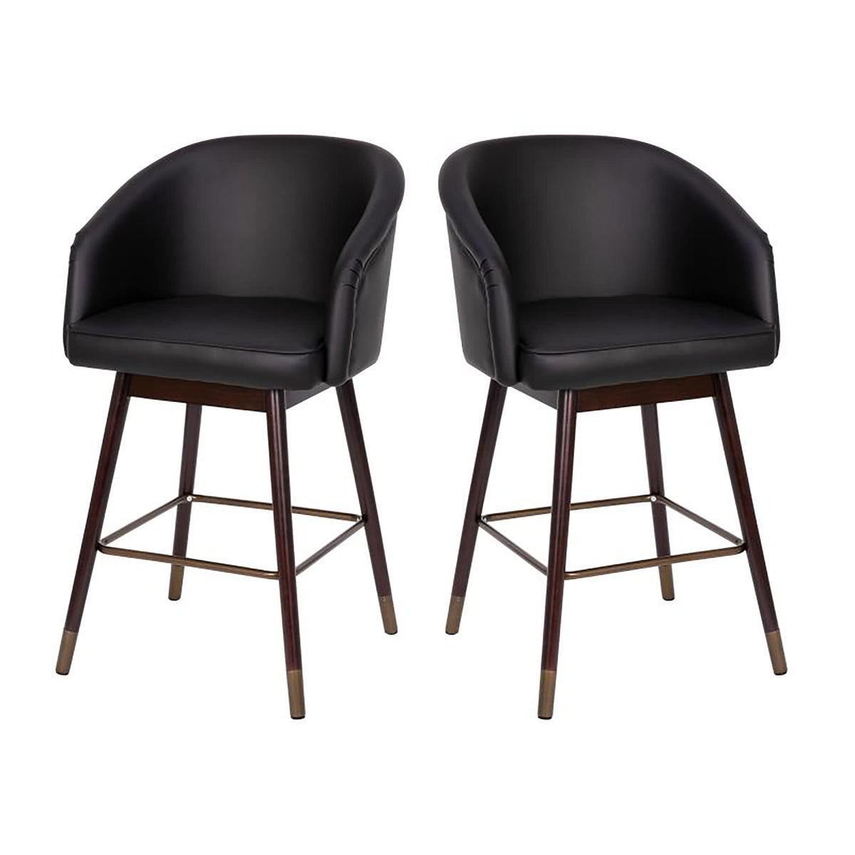 Flash Furniture Margo Commercial Grade Mid-Back Counter Stools - Black LeatherSoft Upholstery - Walnut Finish Beechwood Legs with Bronze Accents - 26&quot; Stool (Pack of 2)