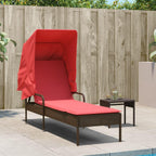 vidaXL Brown Poly Rattan Sun Lounger with Retractable Canopy, Adjustable Backrest, Cushion & Tea Table for Patio/Garden