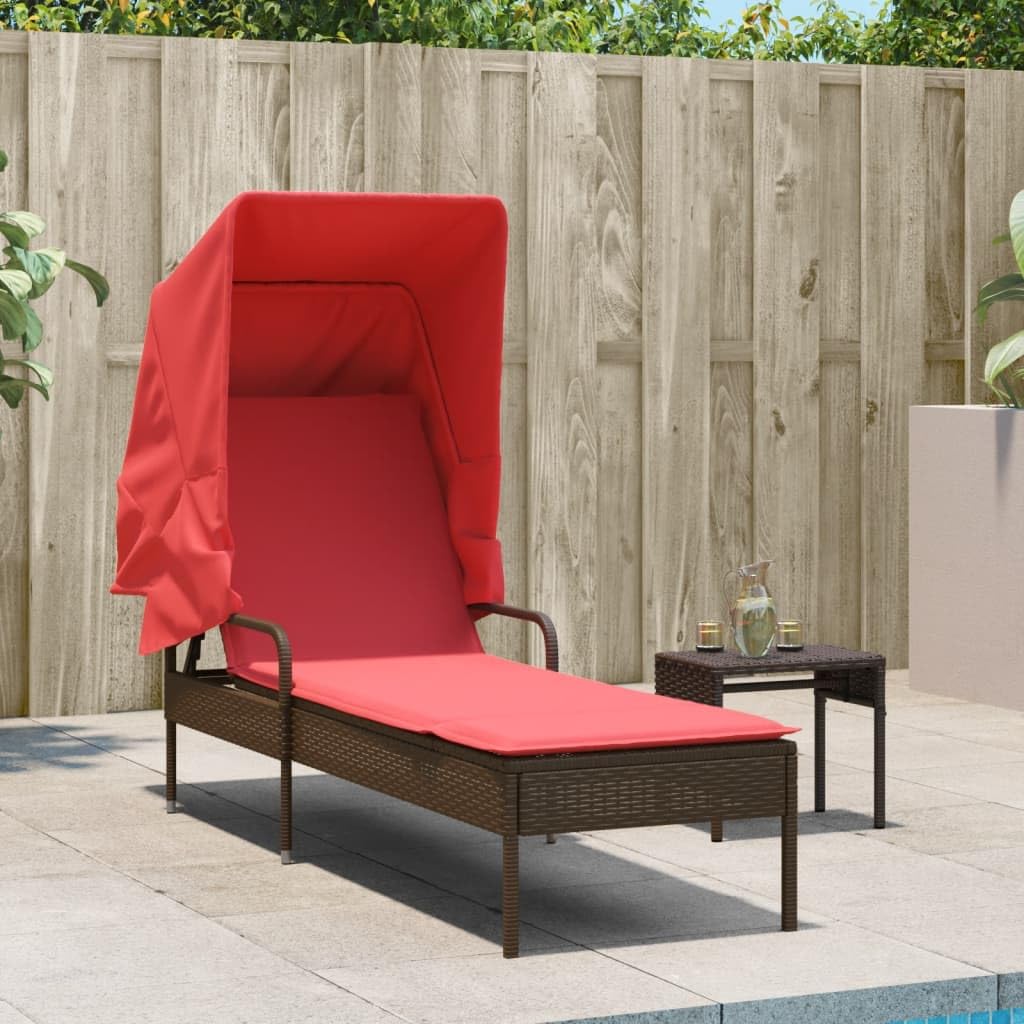vidaXL Brown Poly Rattan Sun Lounger with Retractable Canopy, Adjustable Backrest, Cushion & Tea Table for Patio/Garden