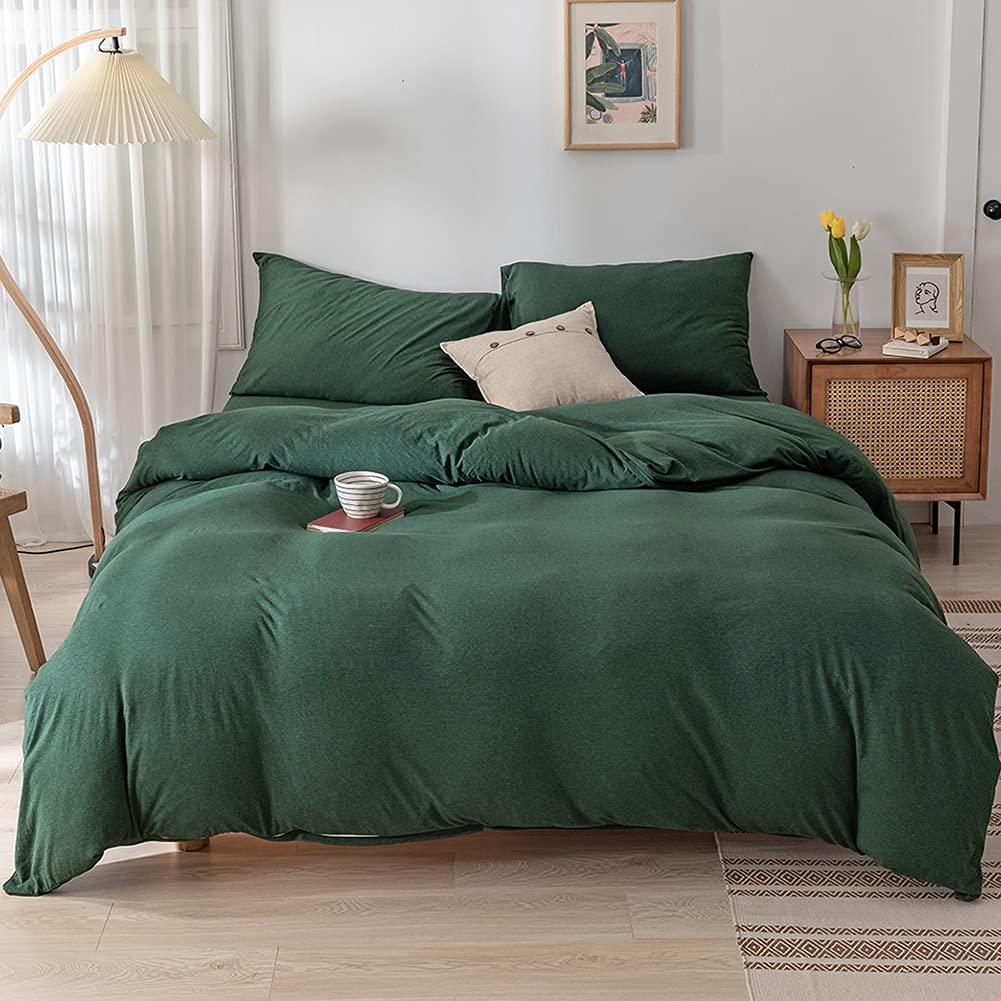 Doneus Jersey Knit Duvet Cover Set 100% T-Shirt Cotton Super Soft Comfy 3 Piece Bedding Set With Zipper Closure (Solid Forest Gr