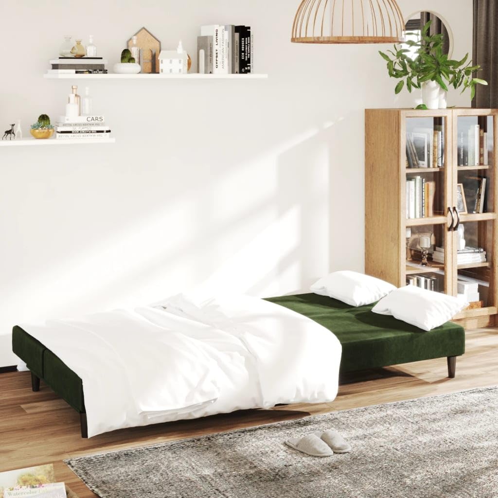 vidaXL 2-Seater Velvet Sofa Bed - Convertible Sleeper Loveseat in Dark Green, Multi-Purpose with Sturdy Wood Frame, for Home/Office