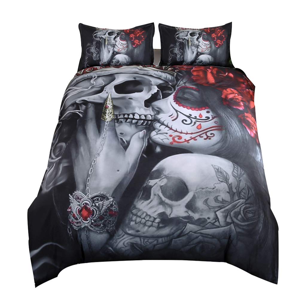 Suncloris, Bedding Duvet Cover Sets, 3D Dead Sugar Skull Girl Kissing Skull Home Bedding Set.Included: Duvet Cover,Pillowcase(No