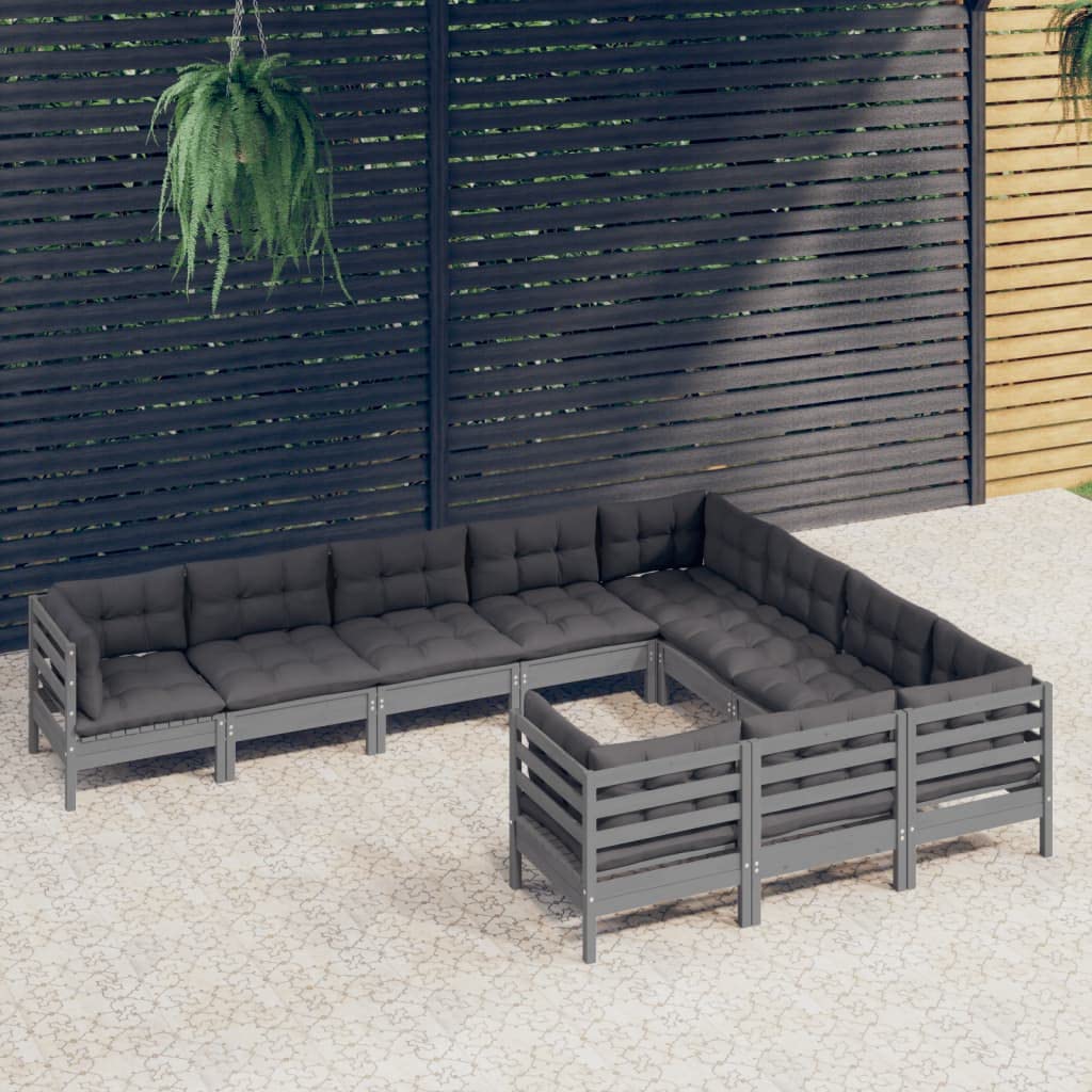 vidaXL Solid Pinewood Patio Lounge Set 10 Piece with Cushions Garden Outdoor Lawn Yard Terrace Balcony Wooden Seat Seating Furniture Gray