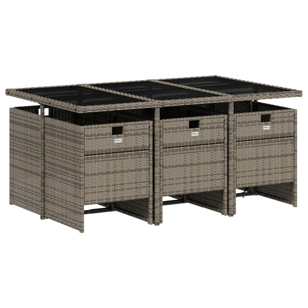 vidaXL Patio Dining Set/Outdoor Furniture/Garden Dining Set/7 Piece Gray Poly Rattan - Cushioned Seats - Tempered Glass Tabletop - Chairs with Foldable Backs - PE Rattan & Powder-Coated Steel
