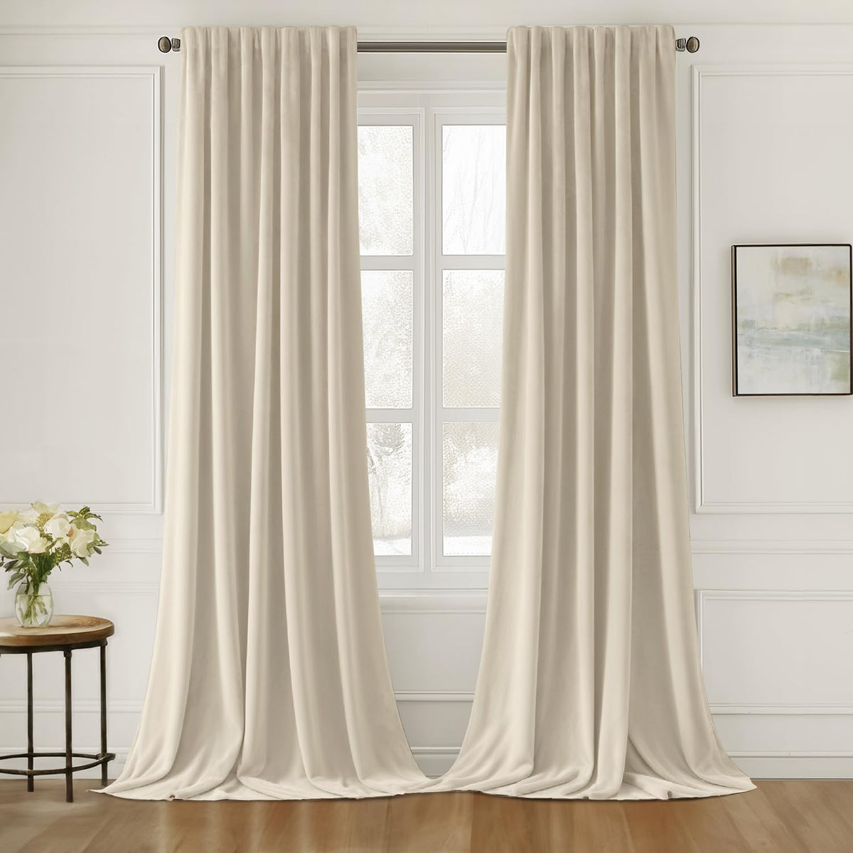 MIULEE Cream Beige Velvet Curtains 96 inches Long 2 Panels - Luxury Pinch Pleated Room Darkening Window Drapes for Bedroom Livin