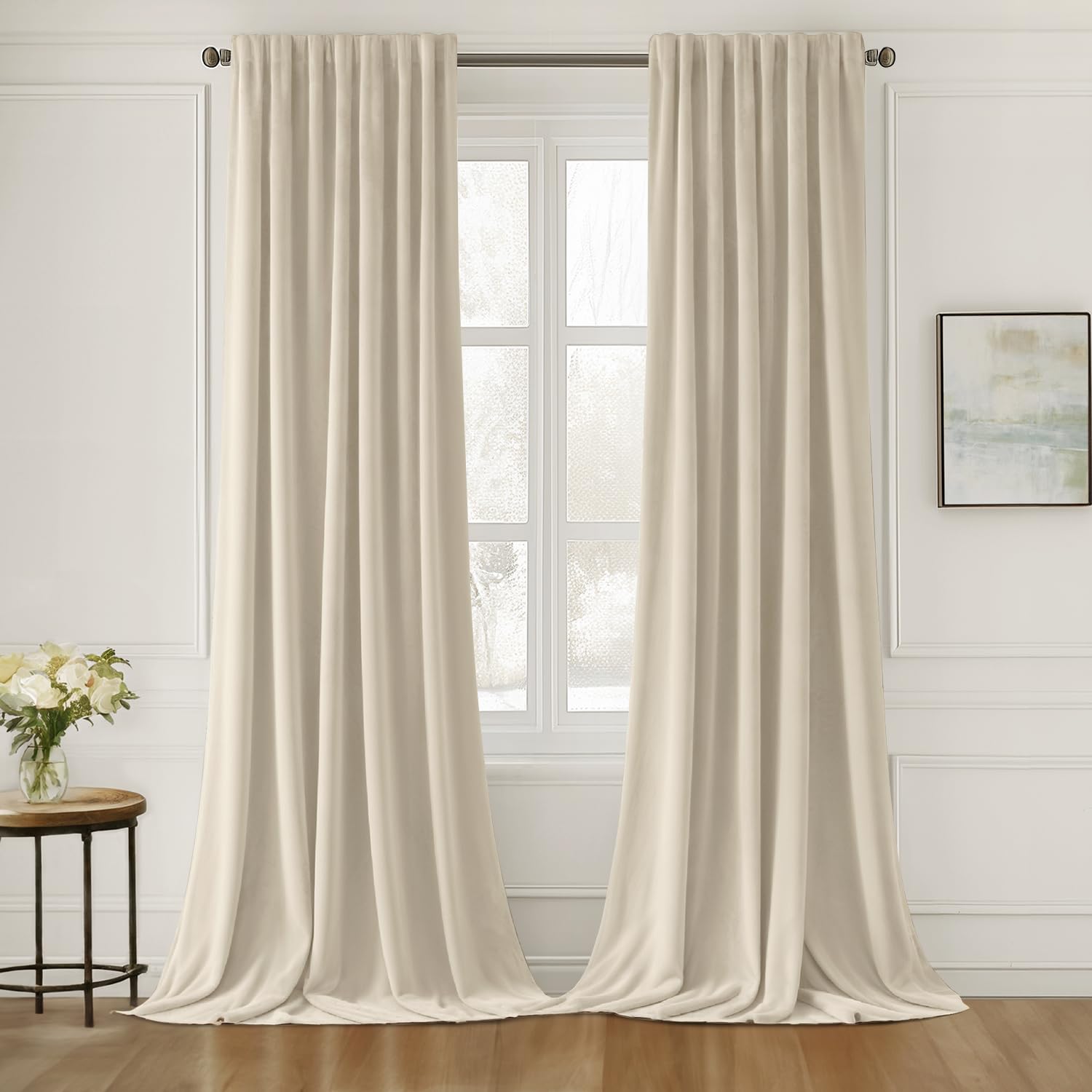 Miulee Cream Beige Velvet Curtains 90 Inches Long 2 Panels - Luxury Pinch Pleated Room Darkening Window Drapes For Bedroom Livin