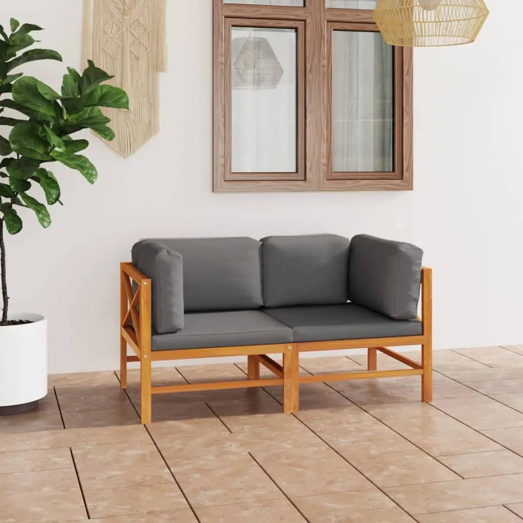 vidaXL 2-Seater Outdoor Sofa with Cushions- Durable Solid Teak Wood Construction, Easy to Maintain, Ideal for Patio, Terrace or Garden - Gray