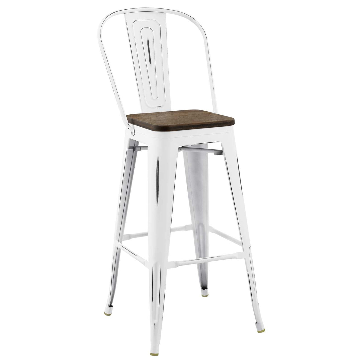 Modway Promenade Industrial Modern Steel Bistro Bamboo Seat In White, Metal Bar Side Stool