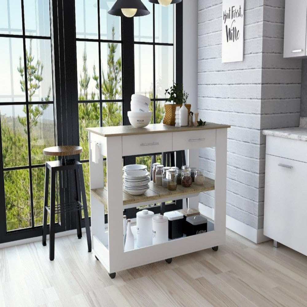 Kitchen Island 46 Inches Dozza, Two Drawers - White/Light Oak