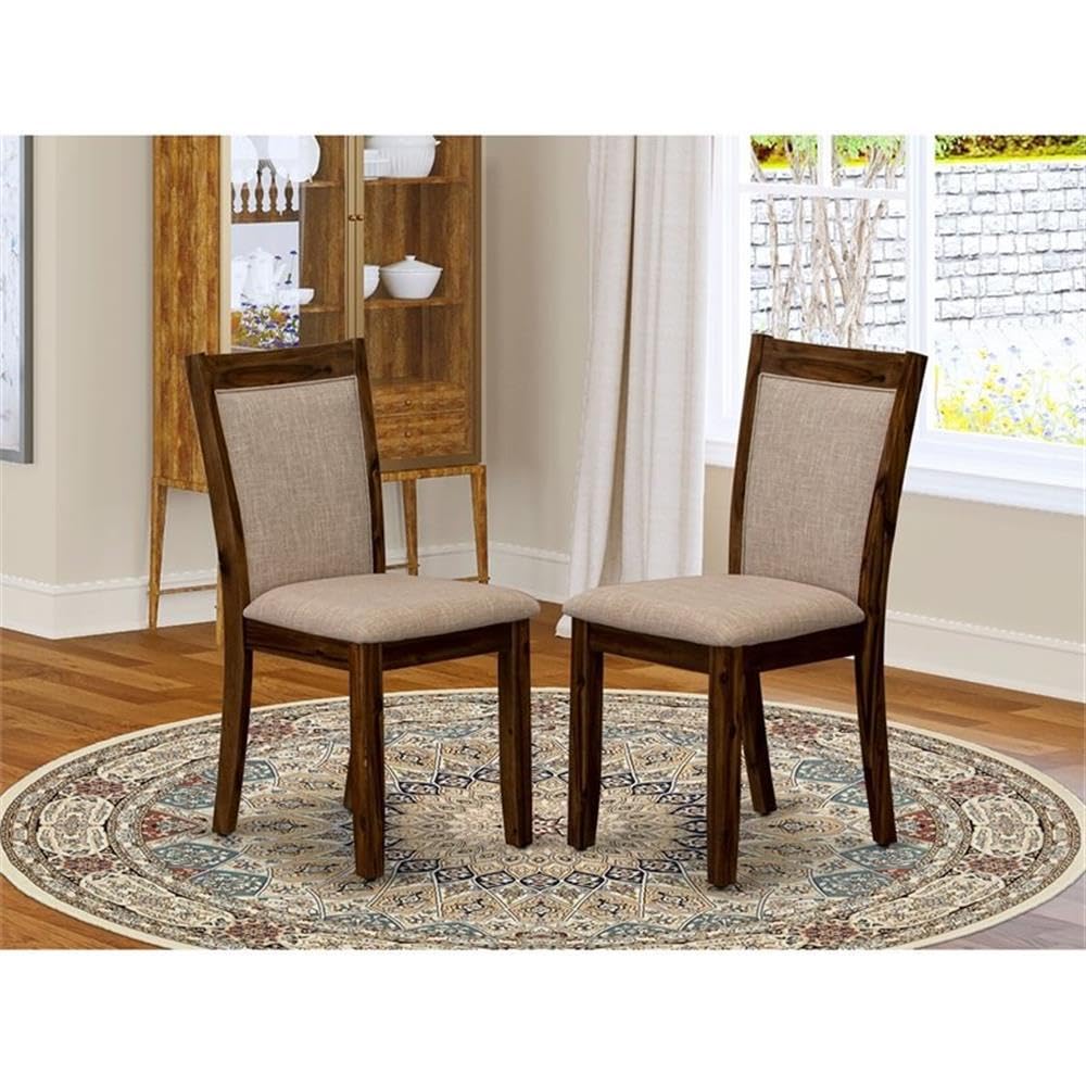 East West Furniture MZCNT04 Monza Modern Parson Dining Chairs - Light Tan Linen Fabric Upholstered Chairs, Set of 2, Antique Walnut