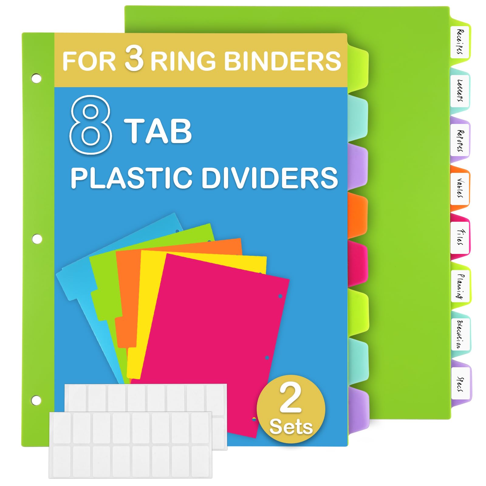 Binder Dividers For 3 Ring Binder, 8 Tab Plastic Binder Dividers, 8 Color Page Folder Dividers With Big Tabs For School Office H