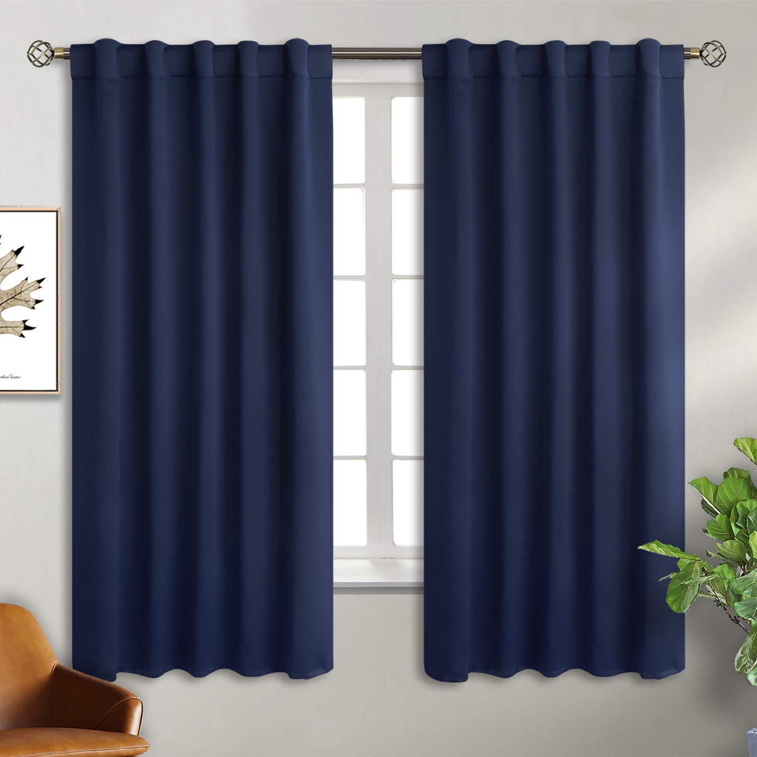 Bgment Rod Pocket And Back Tab Blackout Curtains For Bedroom - Thermal Insulated Room Darkening Curtains For Living Room, 42X63 Inch, 2 Window Curtain Panels, Navy Blue