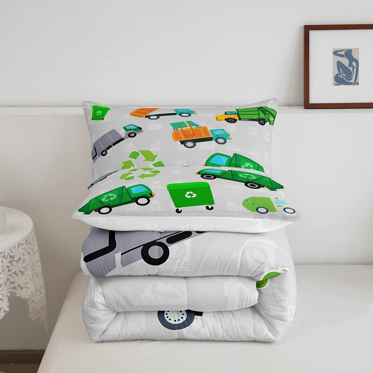 Feelyou Green Garbage Truck Twin Size Bedding Set Cartoon Trash Truck Comforter Set For Kids Boys Girls Teens Green Vehicle Car