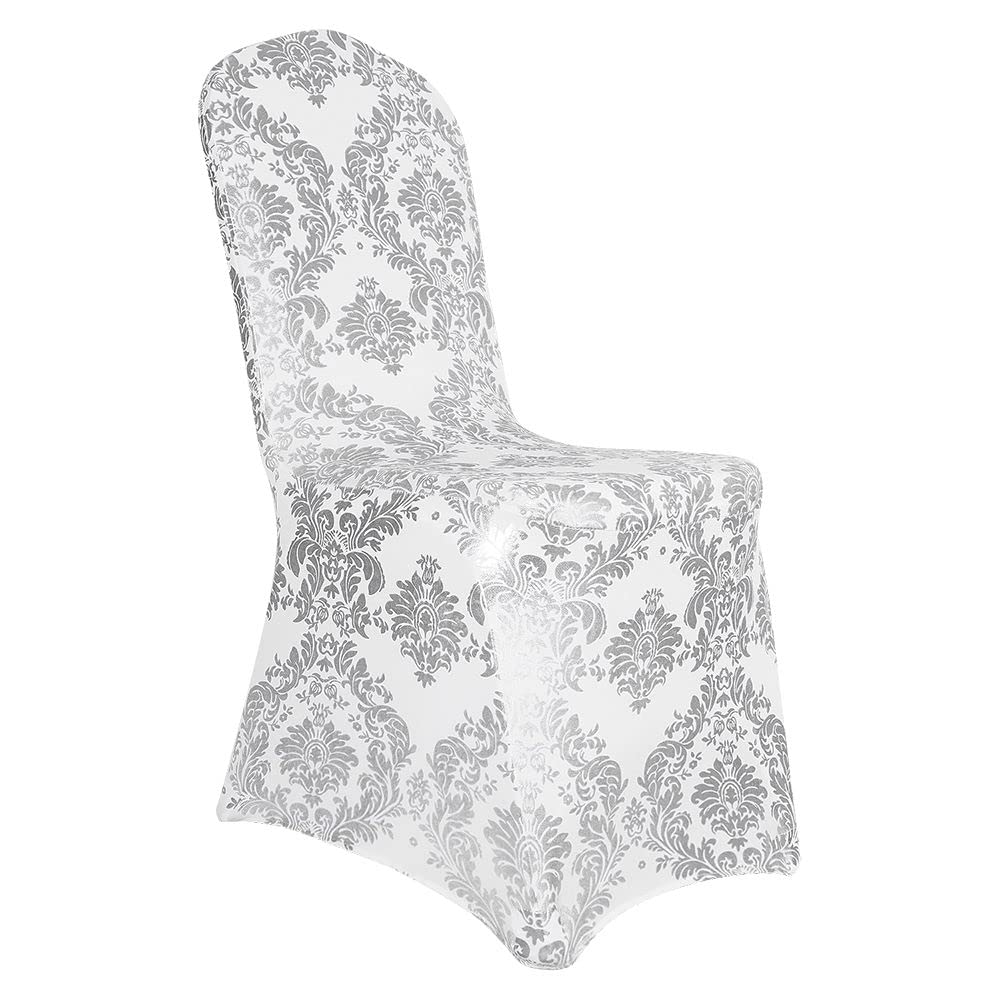 Desirable Life Pack Of 1 Dining Chair Covers Bronzing Silver Flower Print Removable Washable Spandex Stretch Decorative Chair Slipcovers Set For Party Wedding Home Decorations - Silver+White
