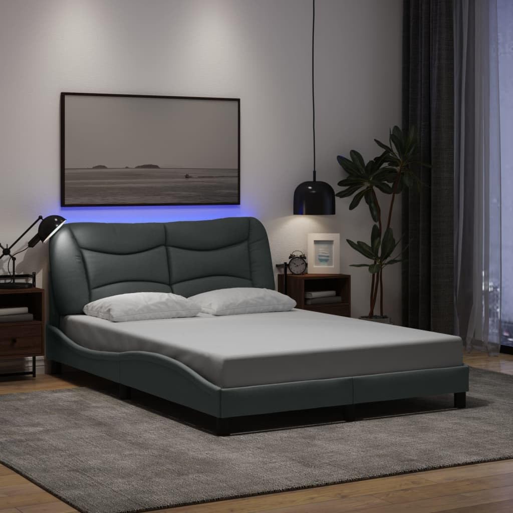 vidaXL Full Bed Frame with LED Lights-Light Gray-53.9&quot;x74.8&quot; Fabric Frame with Plywood Slats and Waved Design