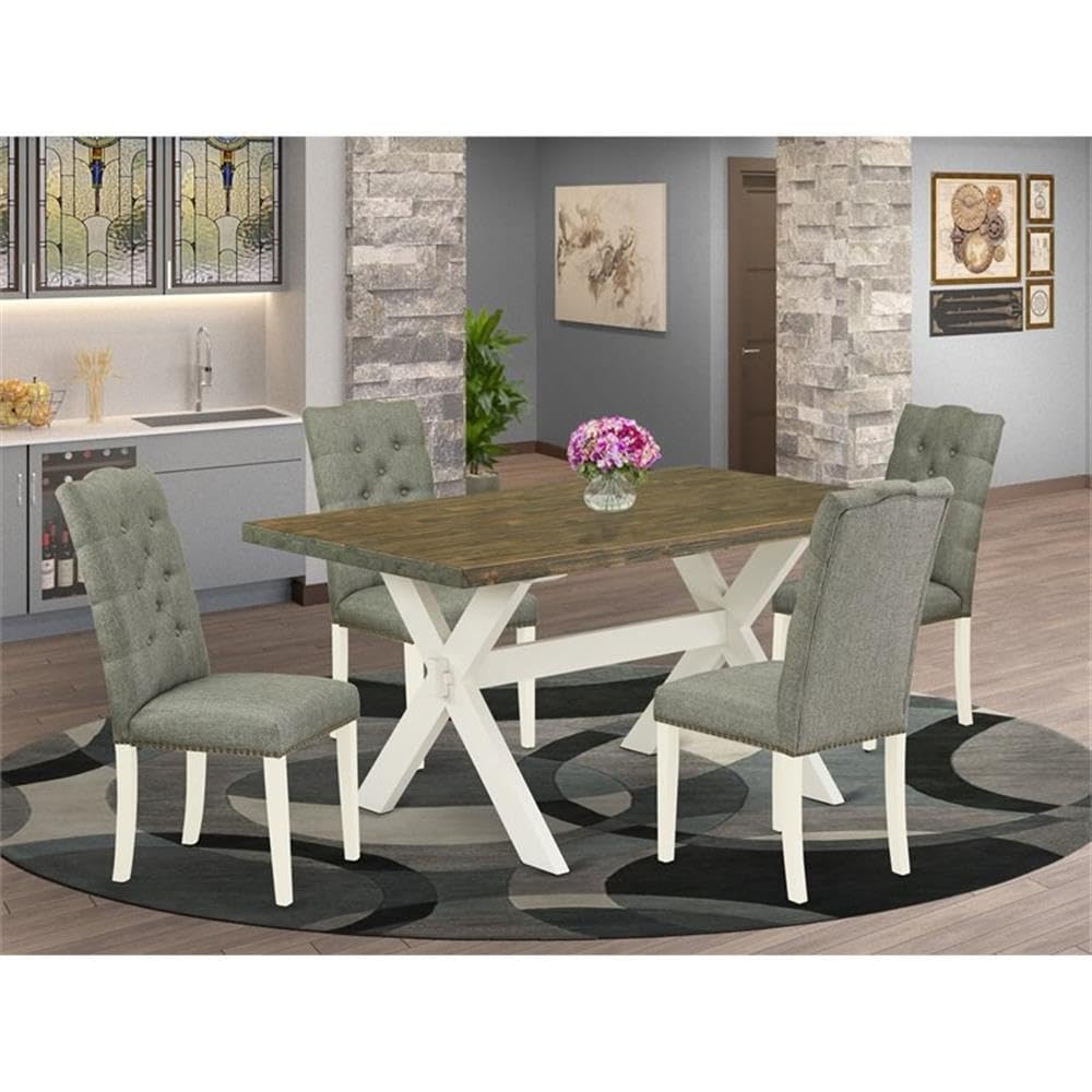 East West Furniture X076El207-5 5 Piece Kitchen Table Set For 4 Includes A Rectangle Dining Room Table With X-Legs And 4 Gray Linen Fabric Upholstered Chairs, 36X60 Inch, Multi-Color