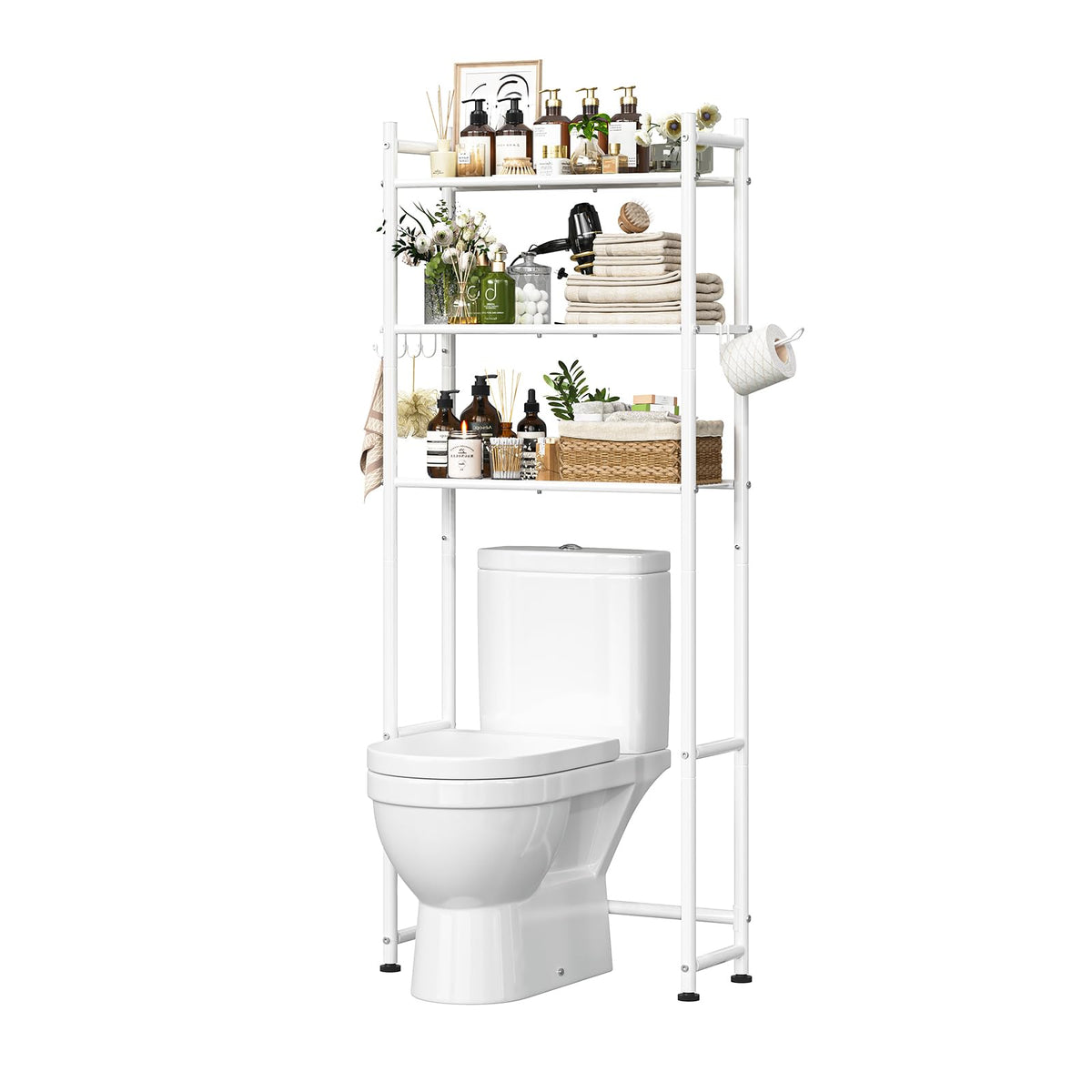 Simple Trending 3Tier Over Toilet Storage Rack with Paper Holder & Hooks