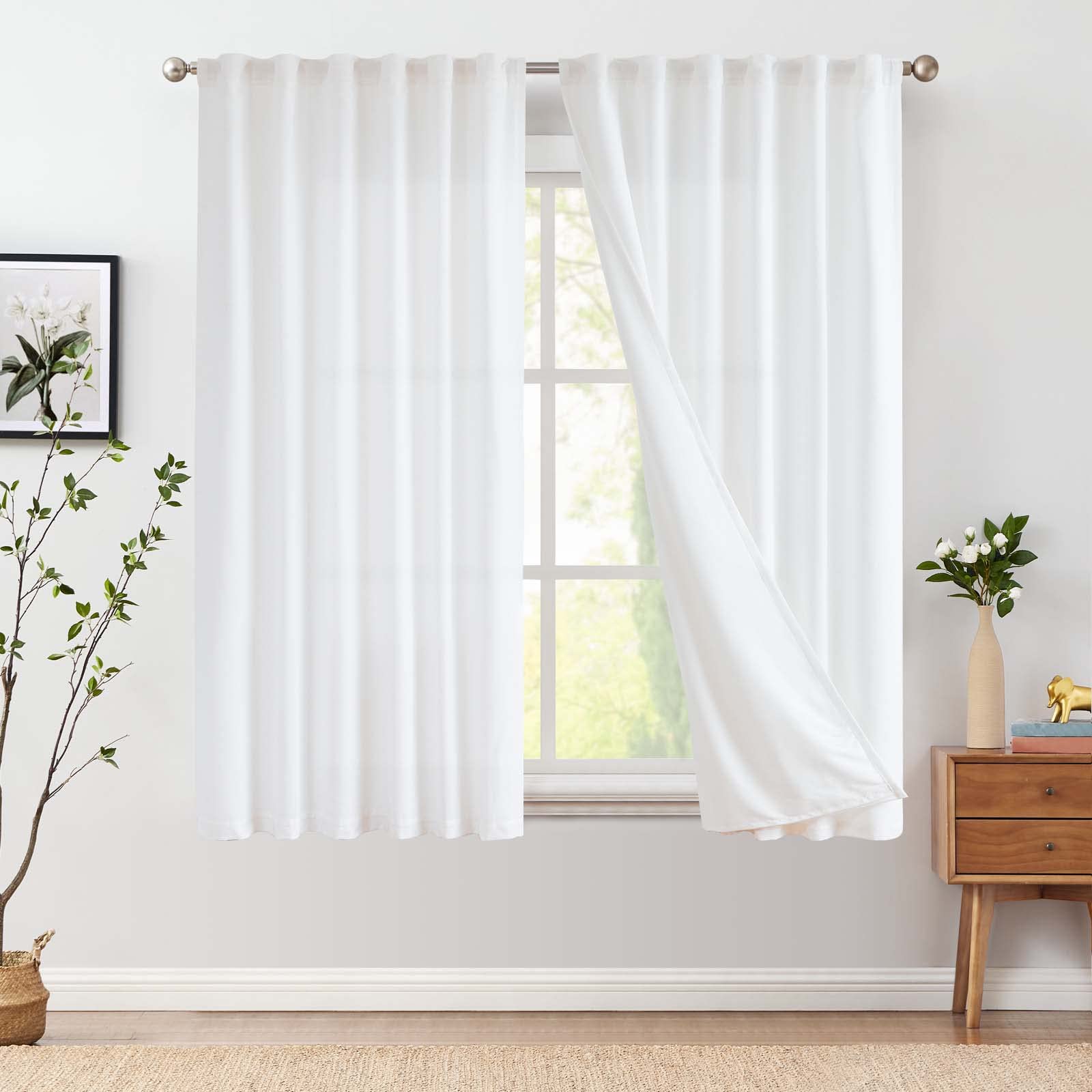 Jinchan Linen Blend White Curtains 63 Inch Length For Living Room Farmhouse Rod Pocket Back Tab Light Filtering Window Drapes With Lined For Bedroom Off White 2 Panels
